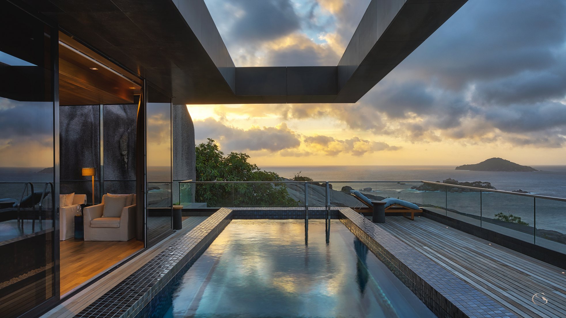 The Sanctuary pool at dusk, Six Senses Zil Pasyon LuxurySafariLodges.com