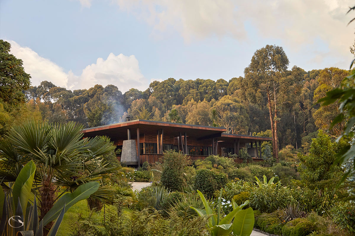 The hotel is surrounded by a sprawling forest and dramatic volcanic mountains