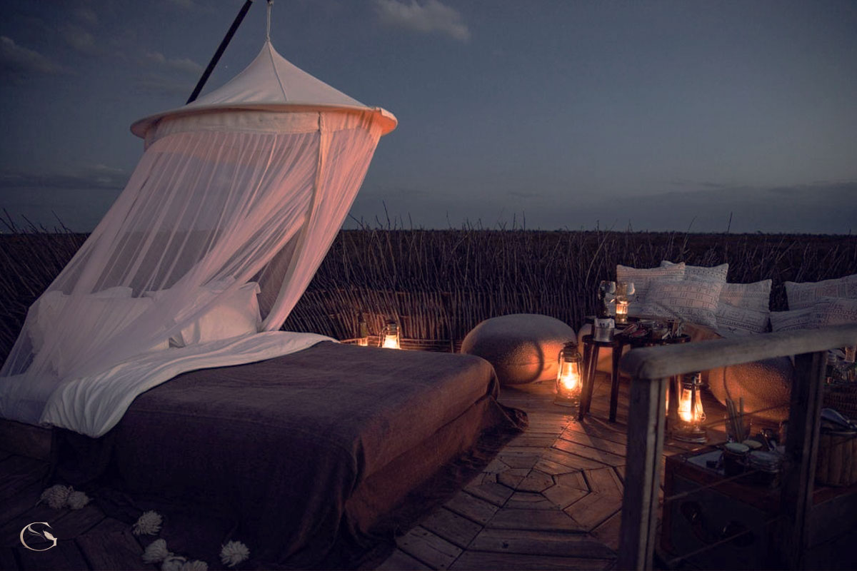 The top level of the nest is set up as a Star Bed for an unforgettable night • LuxurySafariLodges.com